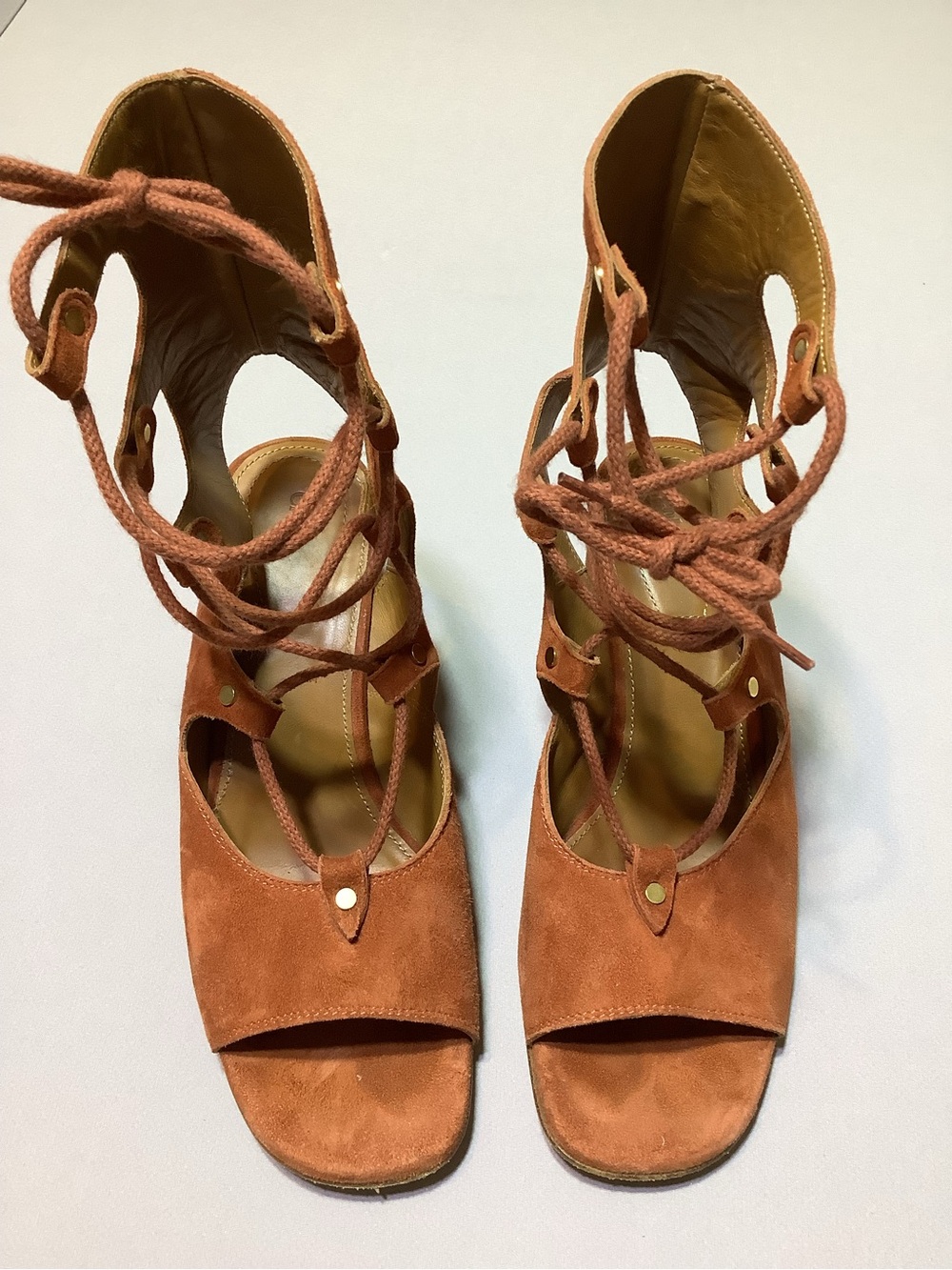 CHLOE Saddle Brown Rust Suede Lace-Up Gladiator Wedge Heels Sandals 38.5